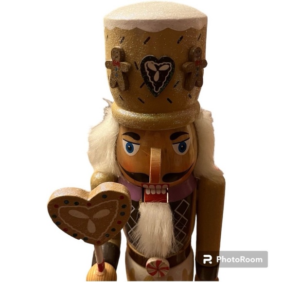 15in Wood Nutcracker w/ Staff Peppermint Candy Base Glitter & Gingerbread Man x2 - Picture 8 of 11